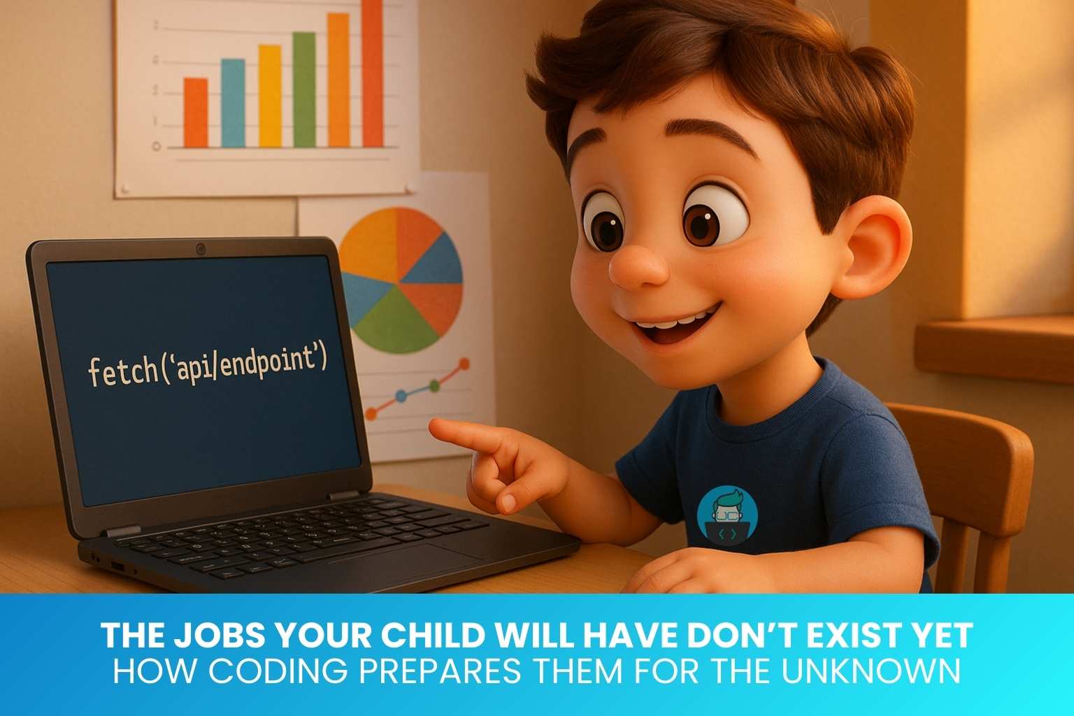 kid coding with futuristic city skyline in background